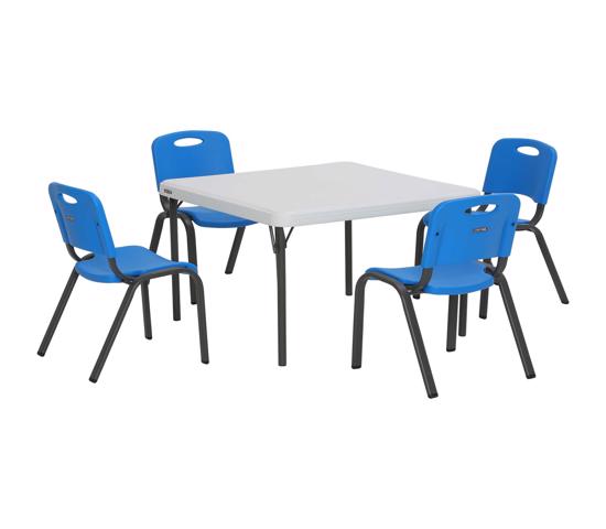 Lifetime 4-pack Stacking Chairs - Blue plus Kid's Table (80553) - convenient design allows you to stack multiple chairs together for easy storage.